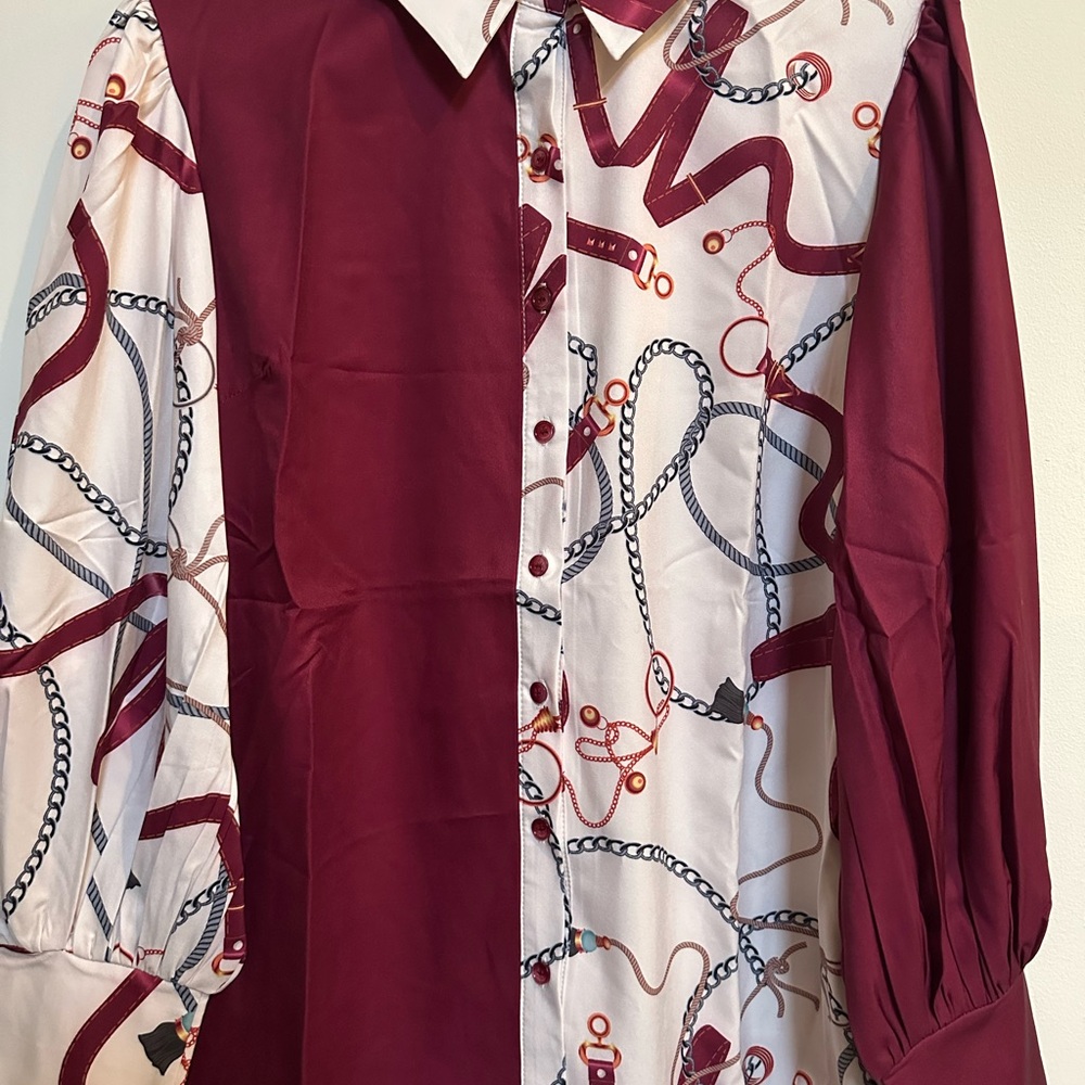 NWOT: Burgundy and Cream Button-Up Shirt